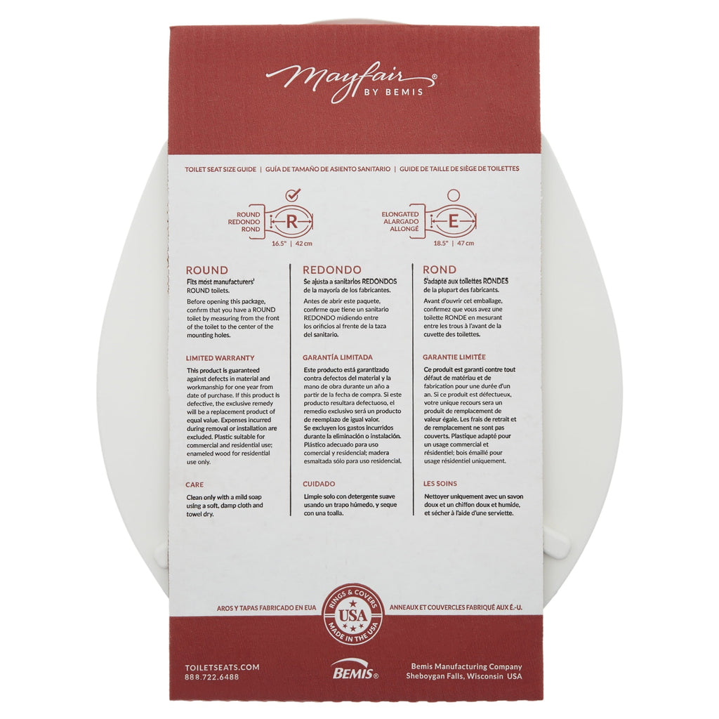 Mayfair Benton? Round Enameled Wood Toilet Seat in White with STA-TITE? Seat Fastening System? and Whisper•Close? Matte Black Metal Hinge