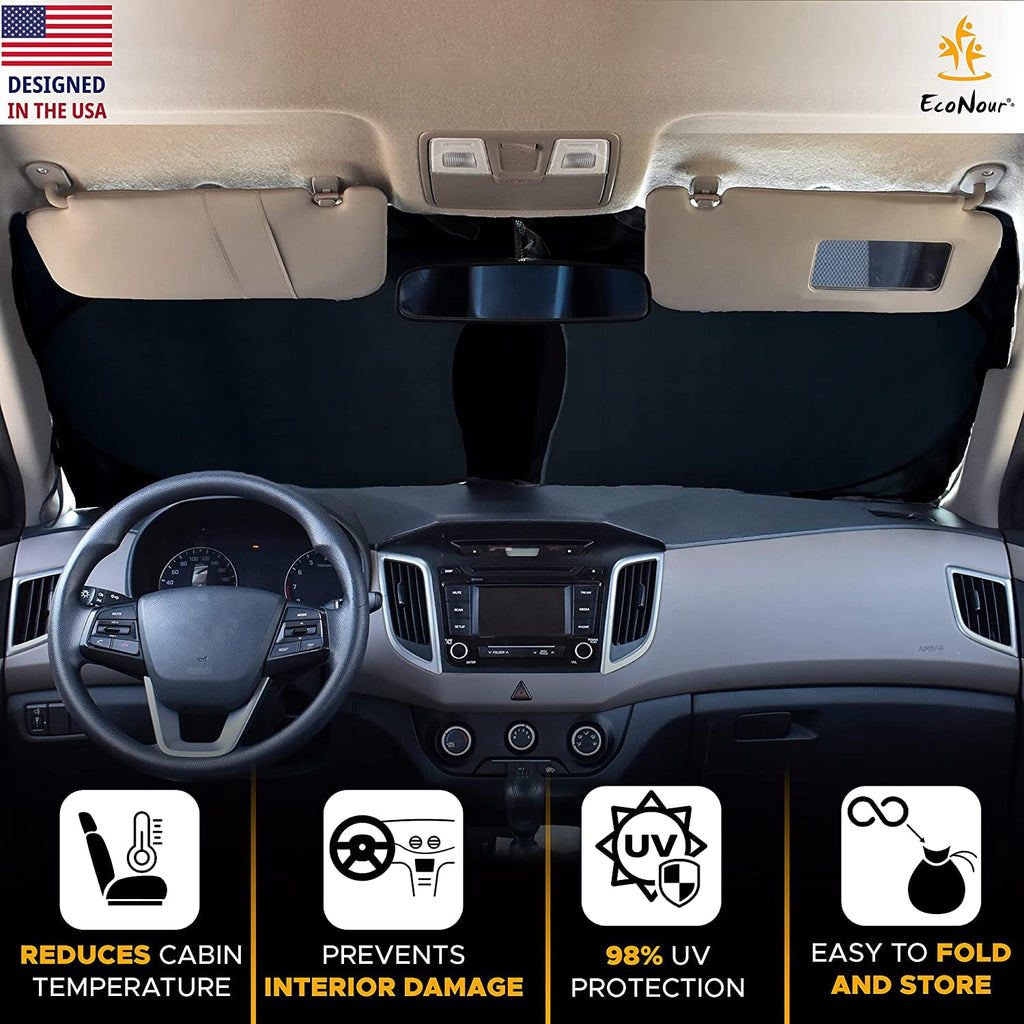 EcoNour Car Windshield Sun Shade with Storage Pouch | Front Window Sun Protector for UV Rays & Sun Heat | Car Interior Accessories Fits Small Sedans, Mini SUVs and Hatchbacks | Standard (64x32 inches)