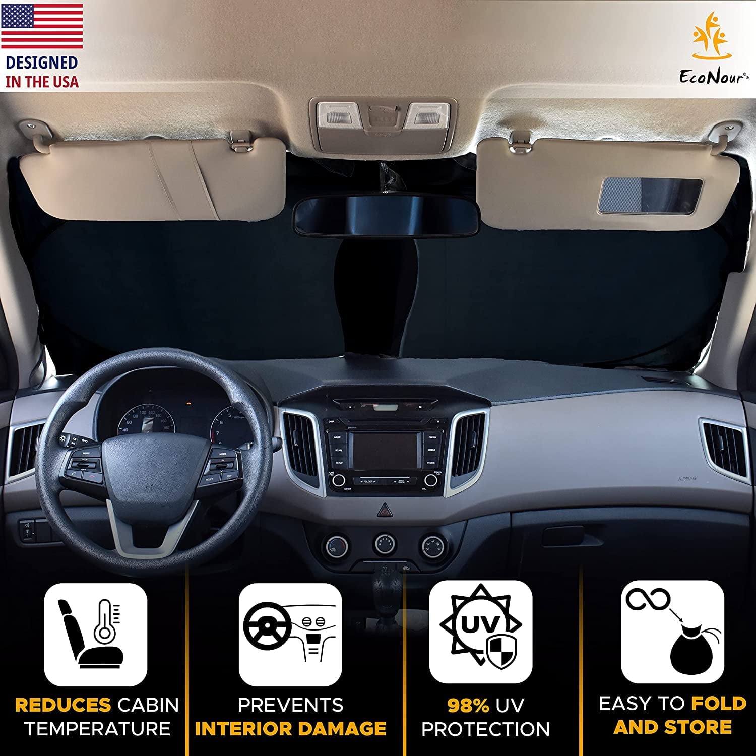 EcoNour Car Windshield Sun Shade with Storage Pouch | Front Window Sun Protector for UV Rays & Sun Heat | Car Interior Accessories Fits Small Sedans, Mini SUVs and Hatchbacks | Standard (64x32 inches)
