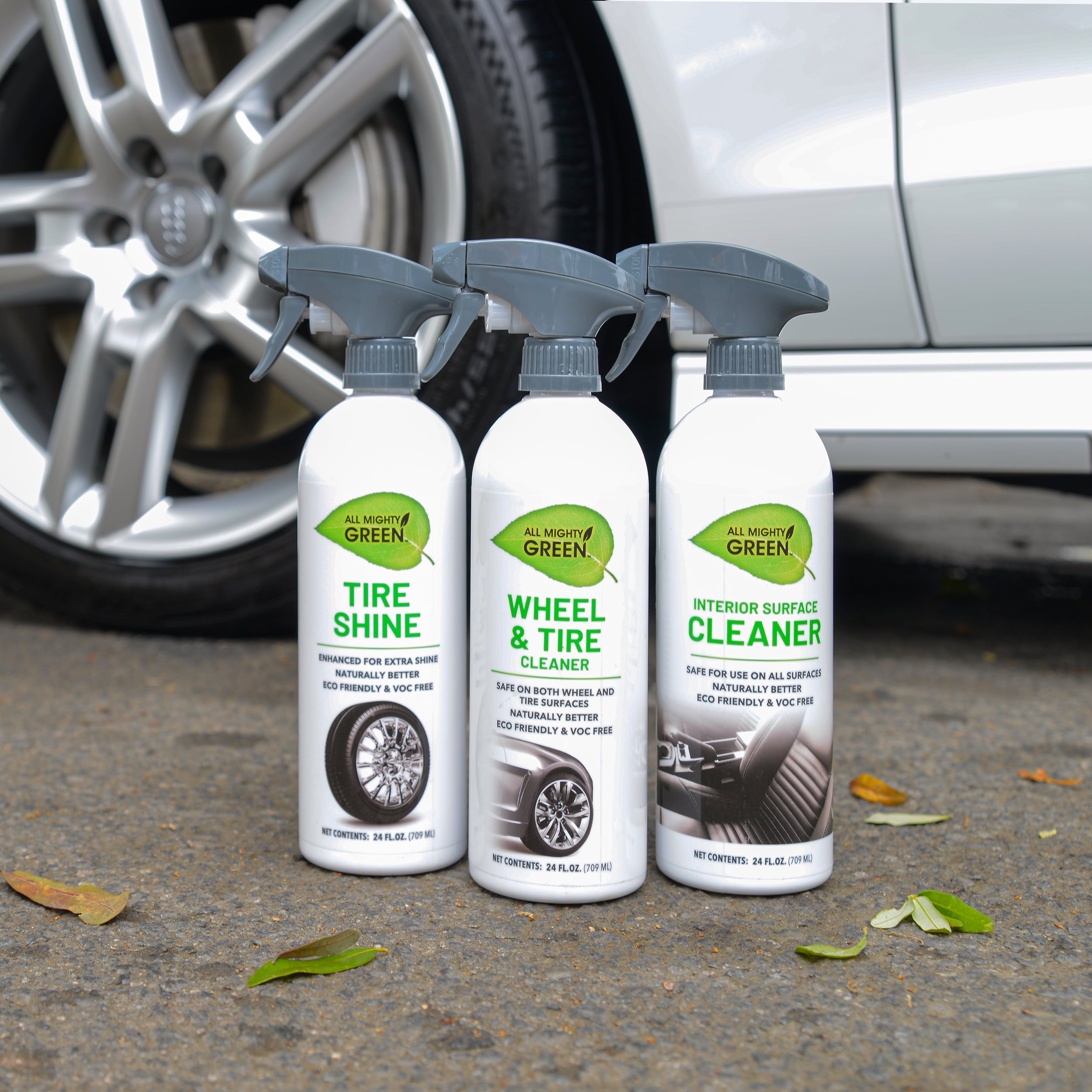 All Mighty Green Eco-Friendly 3 Piece Car Cleaning Combo Set, Interior Surface Cleaner, Tire Shine, Wheel Cleaner with UV Protection, 24 Oz (3-Pack)