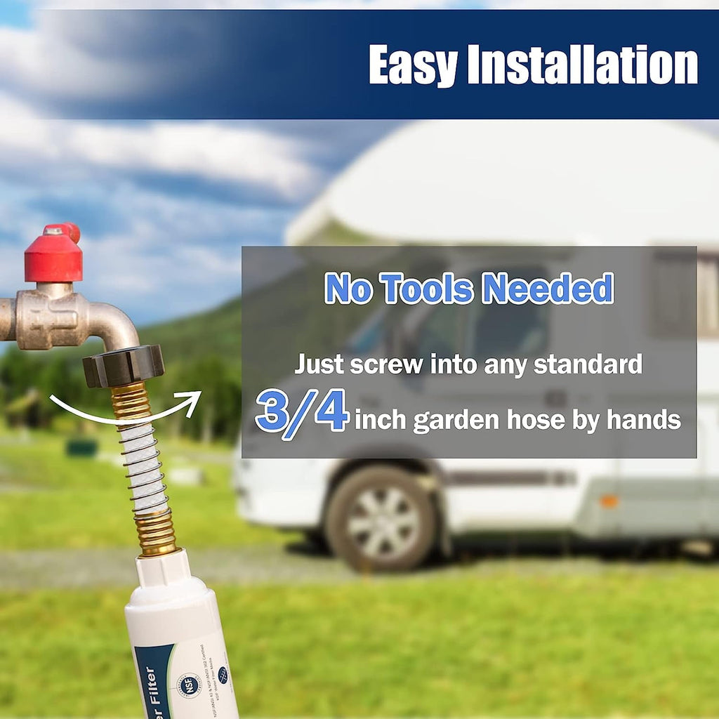 FRESHLAB RV Hose Water Filter with 1 Flexible Hose Protector(KDF), NSF Certified Inline Water Filter Reduces Bad Taste, Odors and Sediments in Drinking Water, 2 Pack
