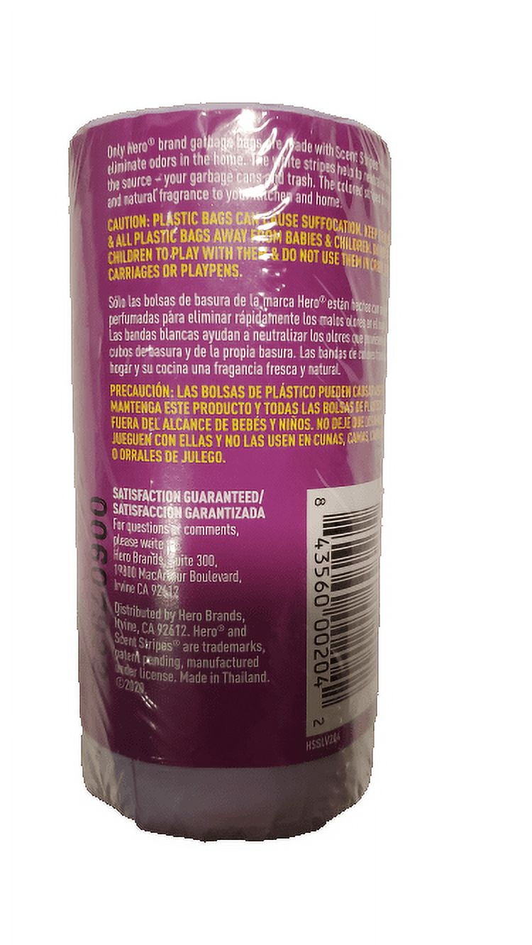 Hero Kitchen Trash Bags, 4 Gallon, 40 Bags (Lavender Scent), Odor Neutralizer, Flap Ties, Lavendar/White