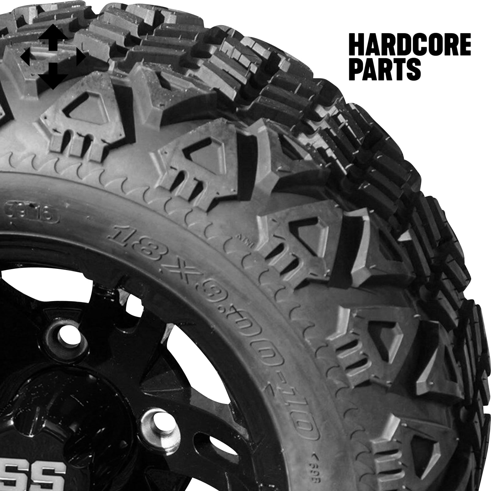 Hardcore Parts 10" Black 'BULLDOG' Golf Cart Wheels and 18"x9"-10" DOT rated All-Terrain tires - Set of 4, includes Black 'SS' center caps and 1/2x20 Black lug nuts