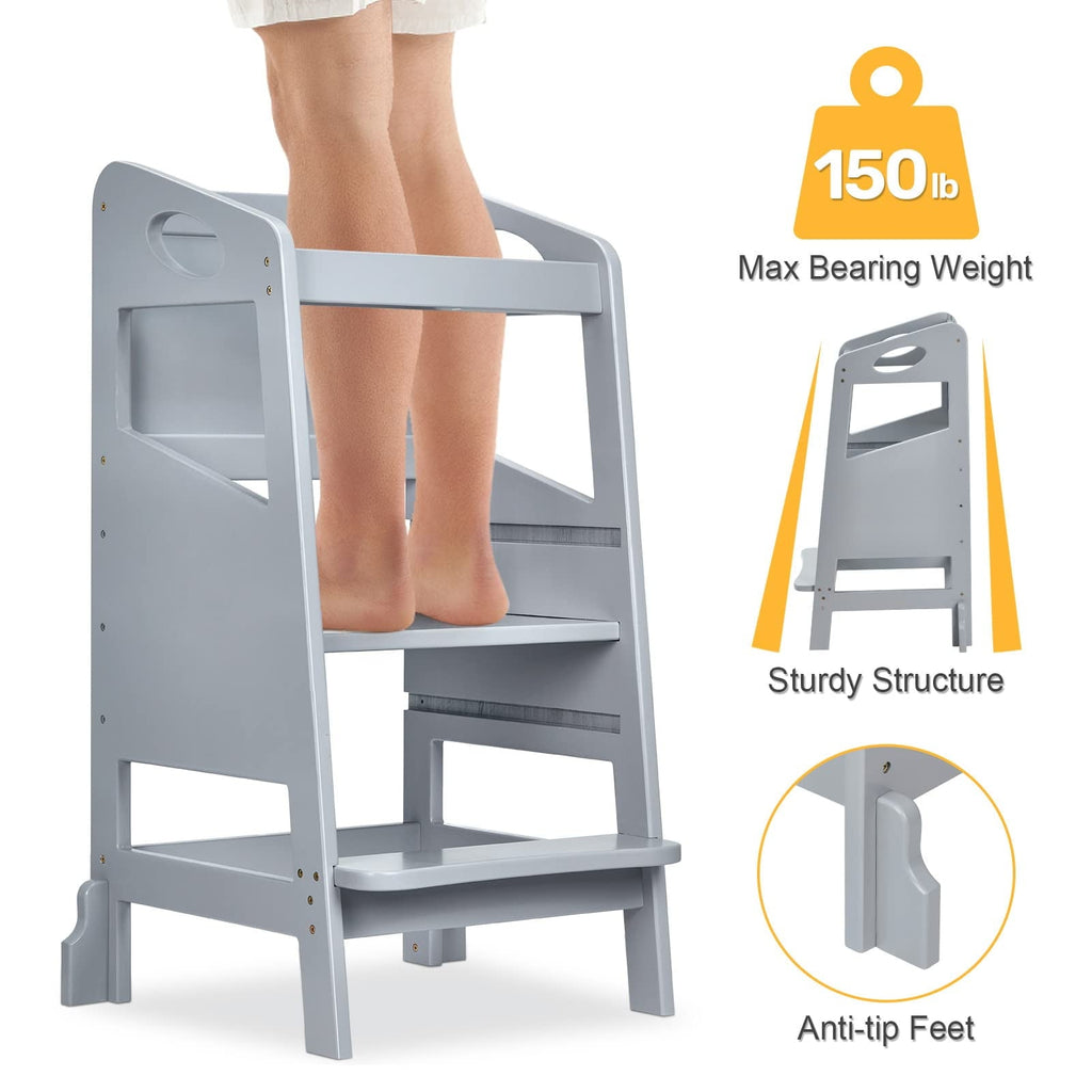 Furvclv Toddler Kitchen Stool Helper, Kids Kitchen Step Stool Baby Standing Tower Wood with Safety Rail, Child Montessori Stool for Kitchen Counter & Sink, Learning Tower for Toddlers 1-3