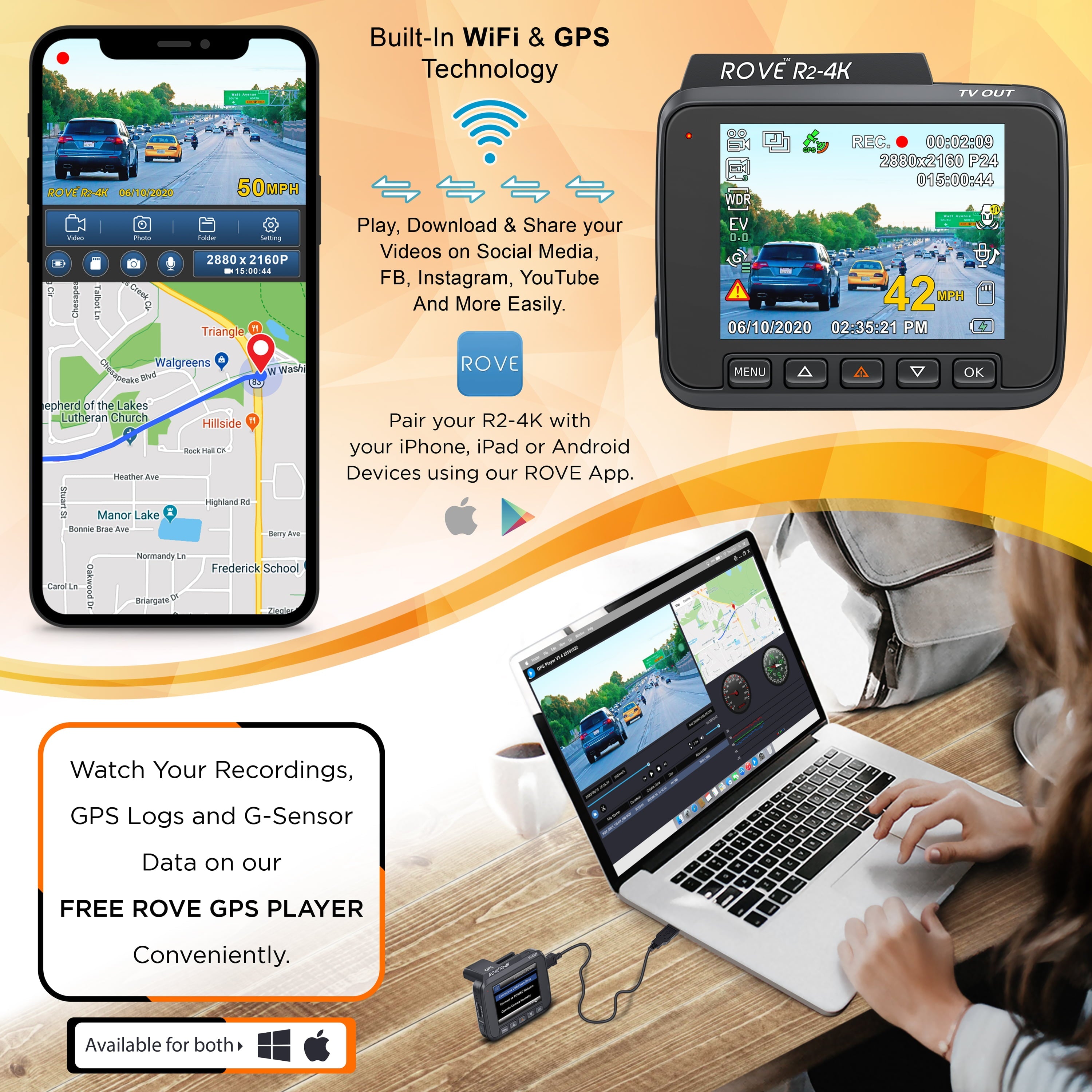 Rove R2-4K Dash Cam for Car - Built-in WiFi GPS Car Dashboard Camera Recorder with UHD 2160P, 2.4" LCD Display, 150° Wide Angle, WDR, Night Vision