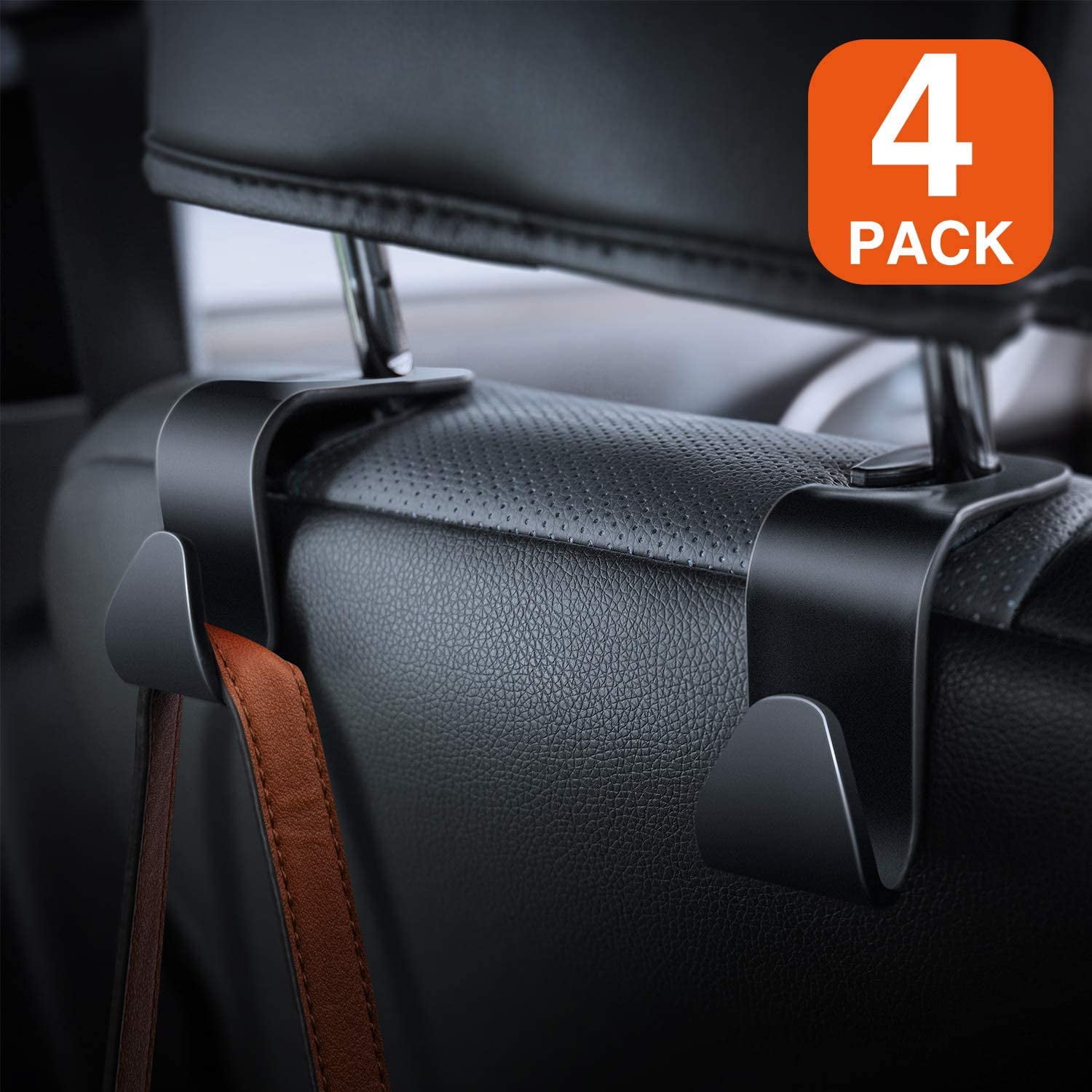 Car Seat Headrest Hooks - Back Seat Organizer Hangers (4 Pack)