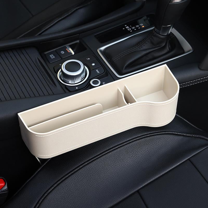 Maynos Car Seat Pockets PU Leather Car Console Side Organizer Seat Gap Filler Catch Caddy ，Multifunctional with Cup Holder Car Seat Crevice Storage Box Creamy-White (1 Pack)