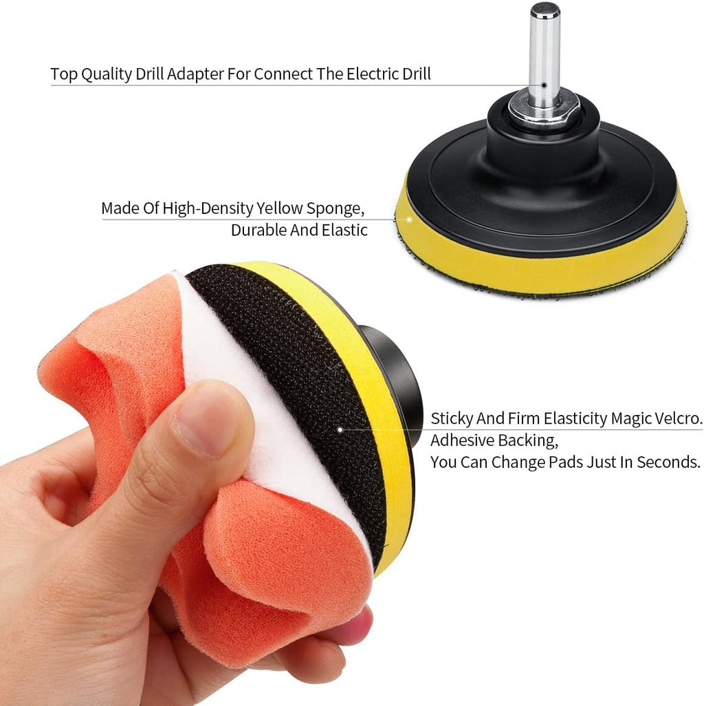 22 PCS Car Foam Drill Polishing Pad Kit, include 16 detailing sponges, 2 wool buffer pads, 2 drill adapters and suction cups, ideal for car sanding, polishing