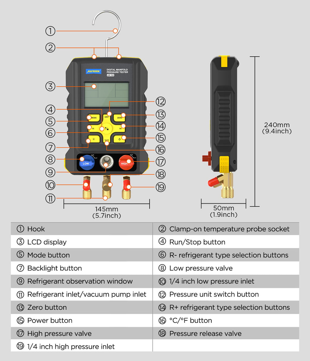 AUTOOL Air-Conditioning Refrigerator Refrigeration Digital Manifold Gauge Set, HVAC Pressure Gauge Tools, 3.5 Inch Display Vacuum Leak Detector, Support 93 Kinds Refrigerant, LM150
