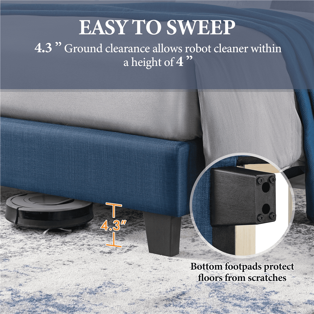 Topeakmart Queen Platform Bed with Upholstered Headboard & Mattress Foundation, Navy Blue