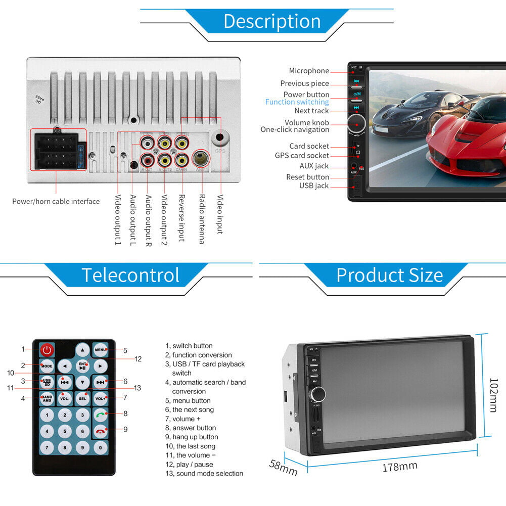 Bileeko 7" Double 2 DIN Car MP5 Player Bluetooth Touch Screen Stereo Radio With Camera