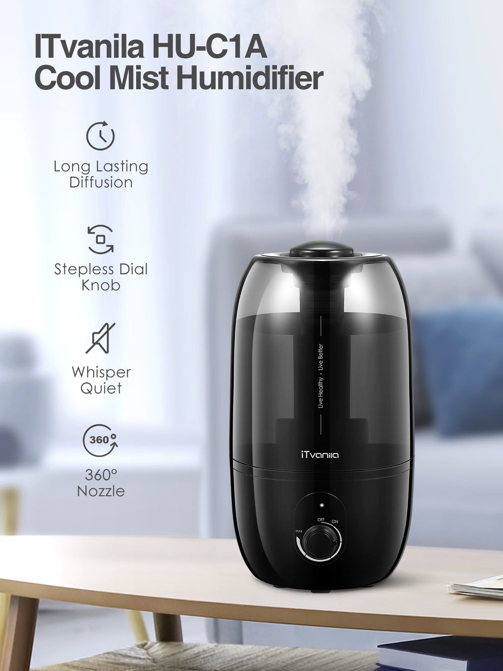 Cool Mist Humidifiers, 2.7L Humidifier for Home and Baby Room, 28H Quiet Output Bedroom Humidifier with 360° Rotating Nozzle, Black