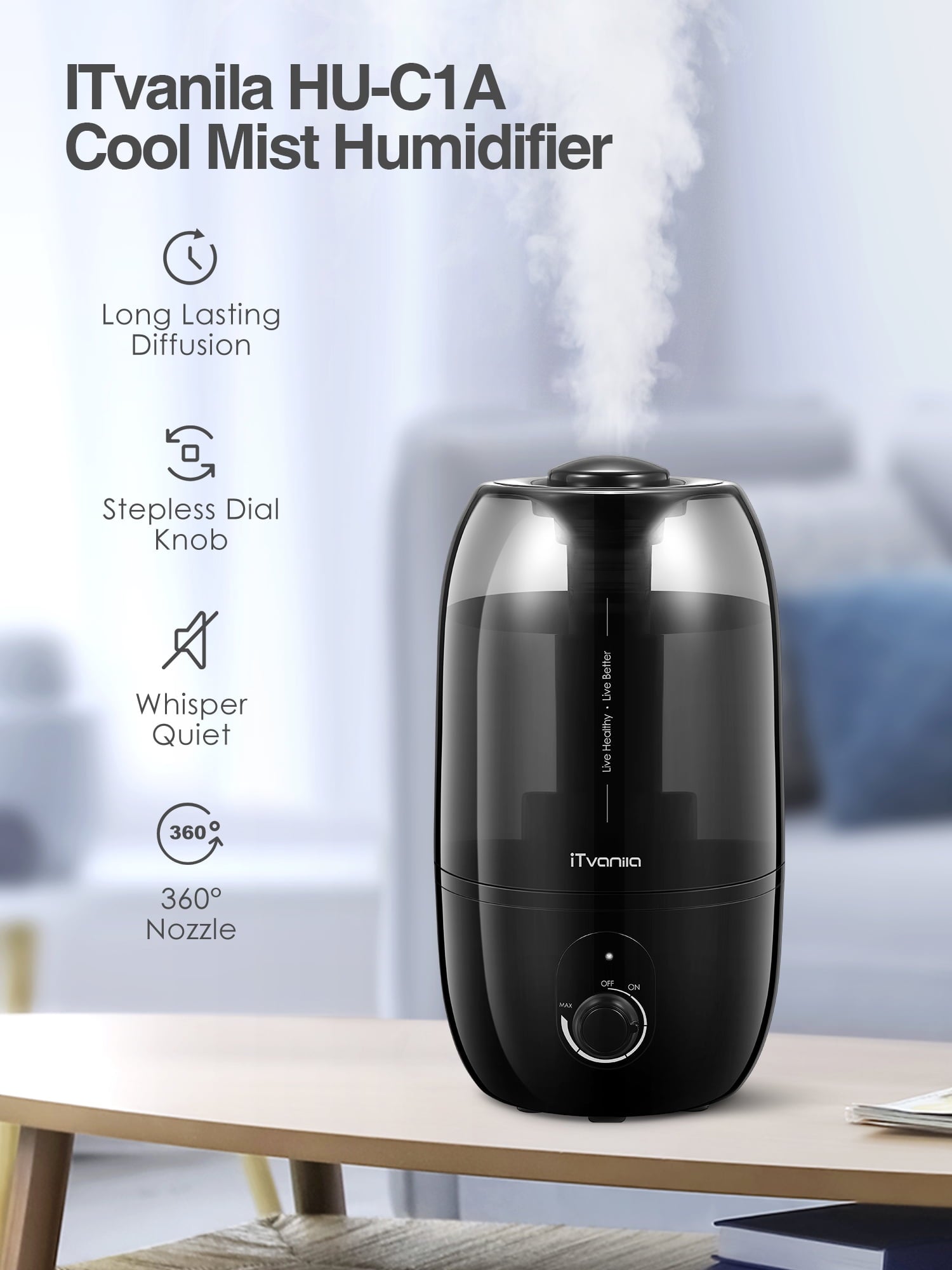 Cool Mist Humidifiers, 2.7L Humidifier for Home and Baby Room, 28H Quiet Output Bedroom Humidifier with 360° Rotating Nozzle, Black