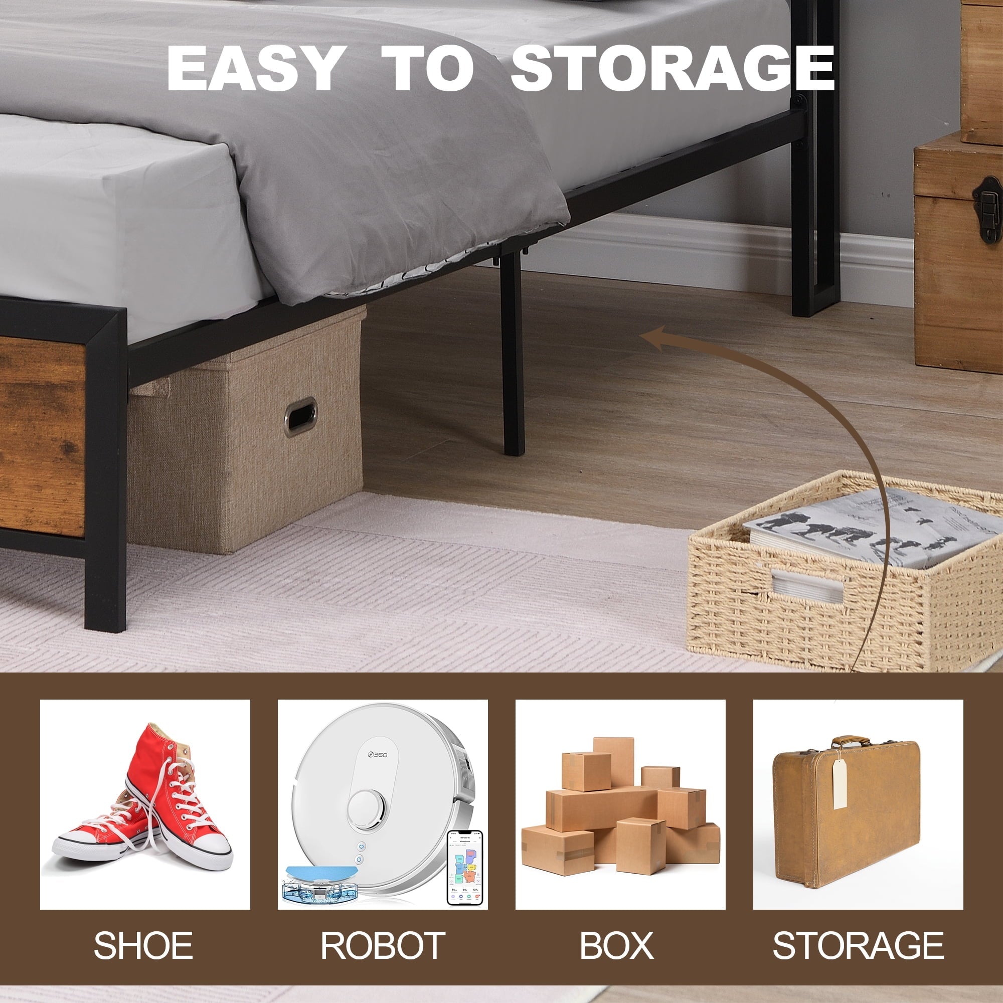 Miniyam Full Size Platform Bed Frame with 2 USB Ports & LED Lights, Vintage Brown