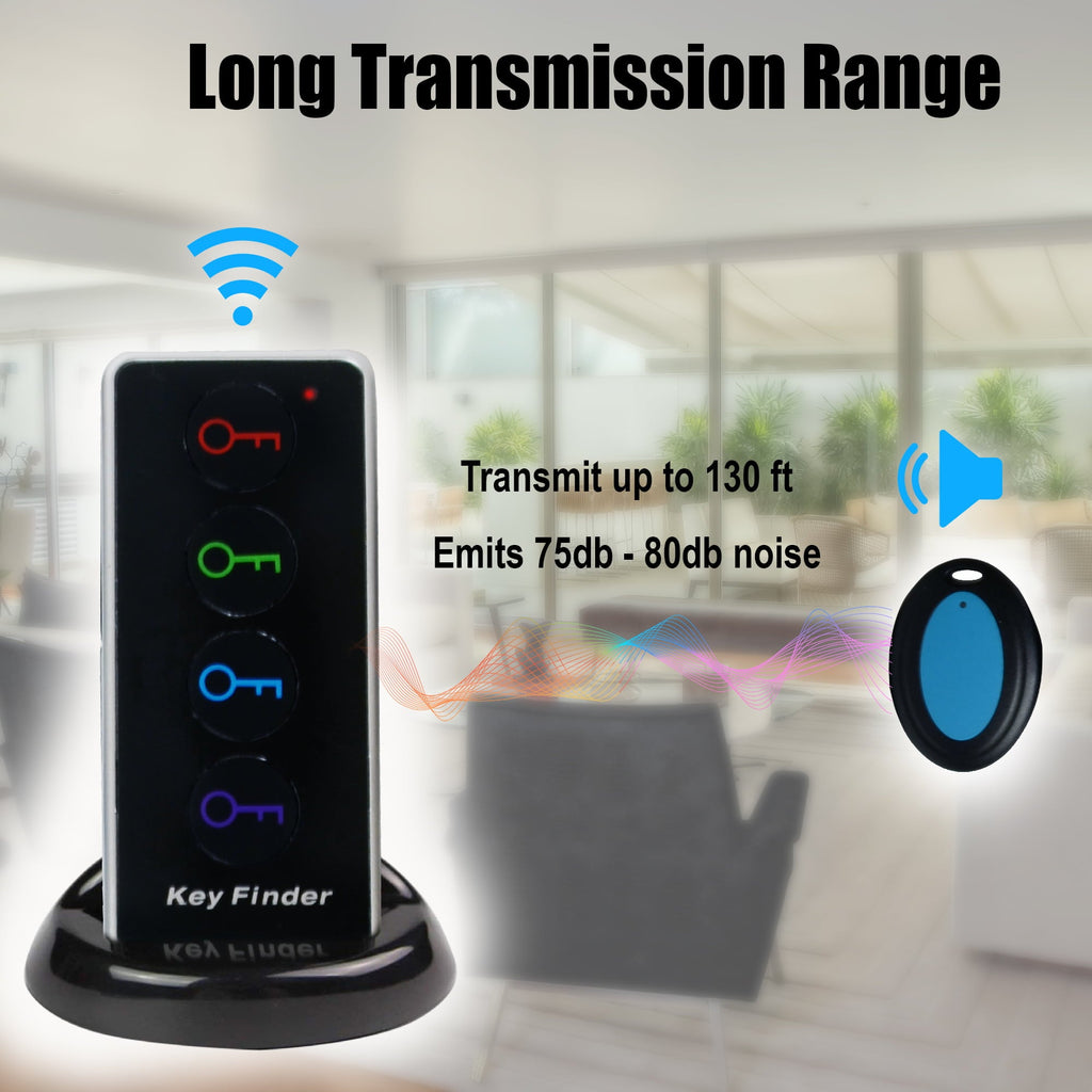 Key Finder RF Item Locator with 1 Transmitter and 4 Receivers, 130ft Working Range Wireless Item Tracker Support Remote Control LED Flashlight Function for Finding Phone, Wallet and Keys