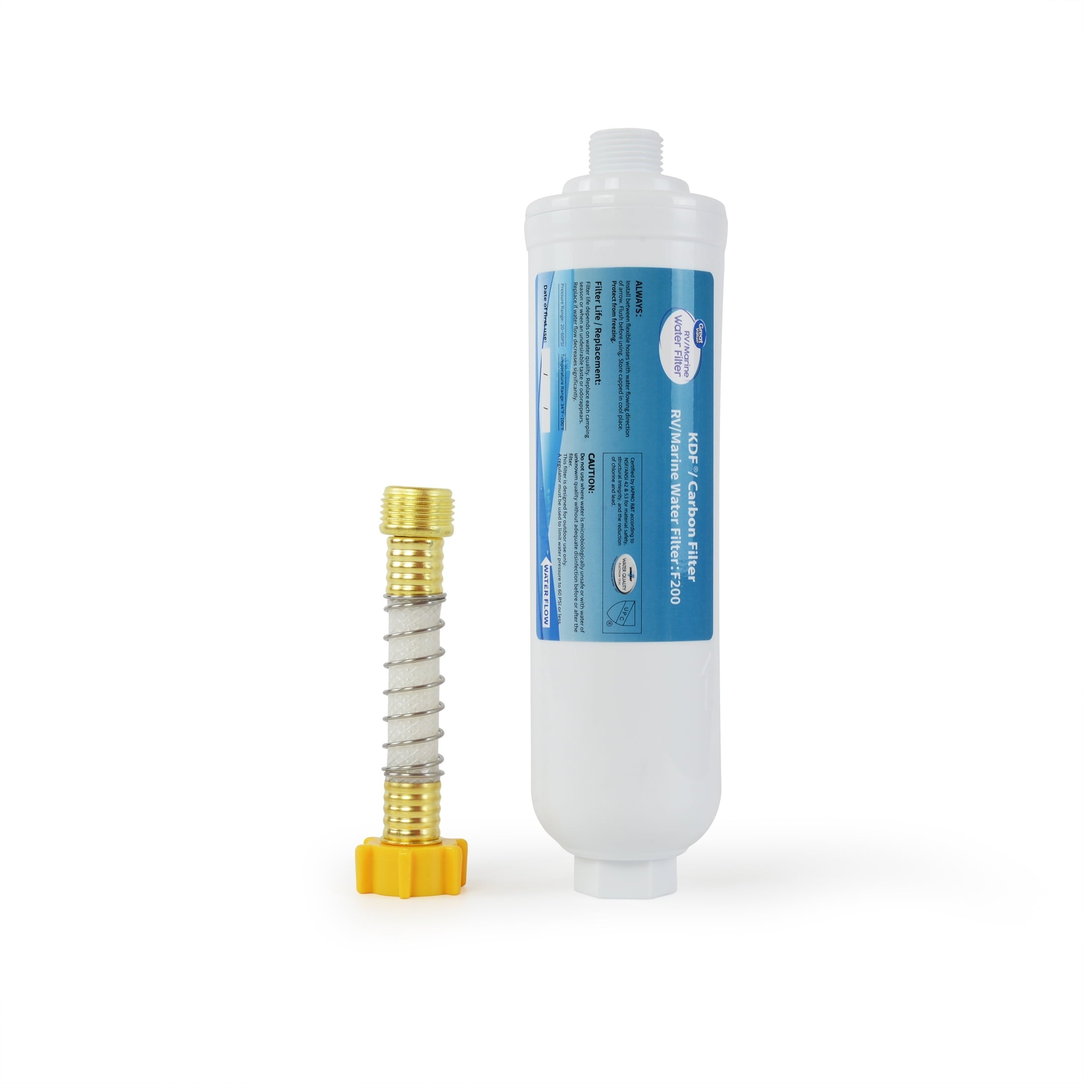 Great Value RV Water Filter 1 Pack for RV/Marine/Camping/Garden/Bathtub Use, With Flexible Hose, F200, Activated Carbon Block, White