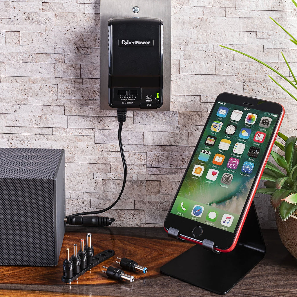 CyberPower CPUAC1U1300 Universal Power Adapter 3 -12 Volt / 1300mA with Folding AC Plug and 2.1 Amp USB Charge Port