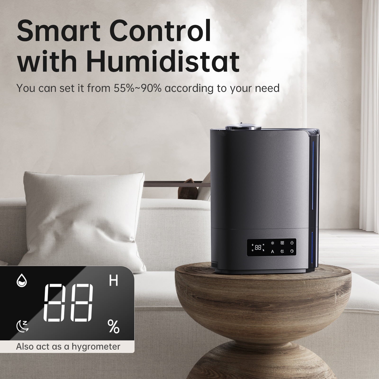 KLOUDIC Top-Fill 6L Cool Mist Large Humidifier for Home Air Vaporizer with Humidistat and Timer