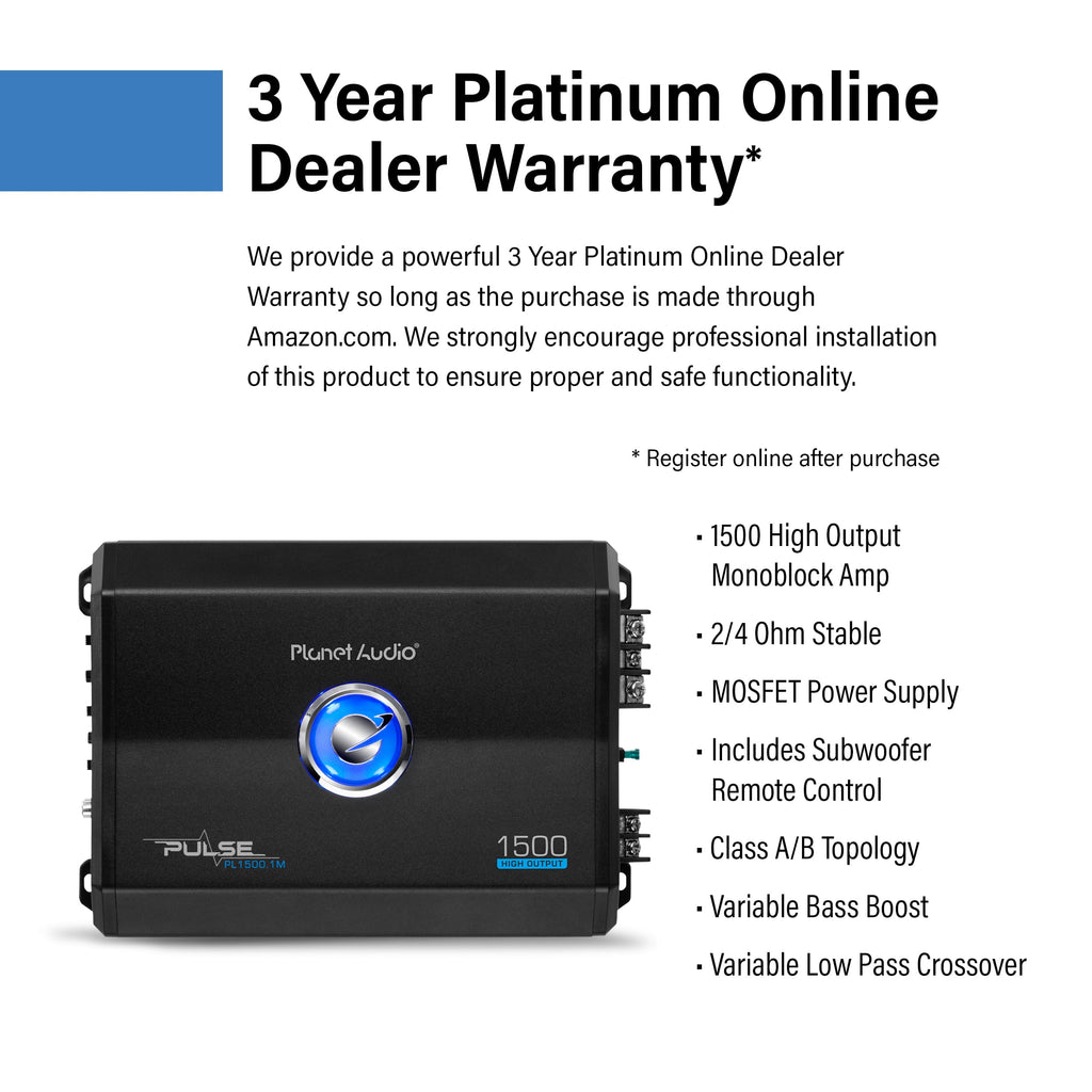 Planet Audio PL1500.1M Pulse Series Car Audio Amplifier - 1500 High Output, Monoblock, 2/8 Ohm, High/Low Level Inputs, Low Pass Crossover, Hook up to Stereo and Subwoofer