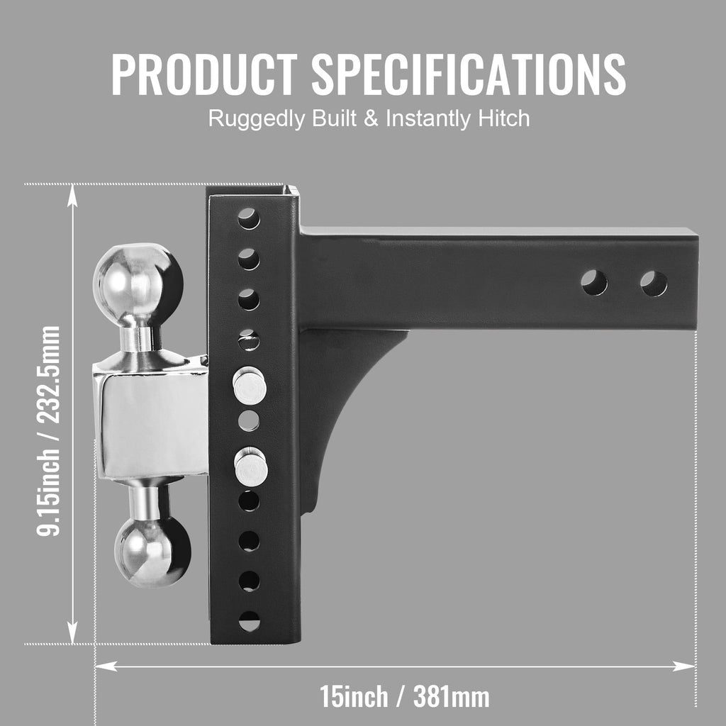 VEVOR Adjustable Trailer Hitch, 8" Rise & Drop Hitch Ball Mount 2.5" Receiver Solid Tube 22,000 lbs Rating, 2 and 2-5/16 inch Stainless Steel Balls w/ Key Lock, for Automotive Trucks Trailers Towing