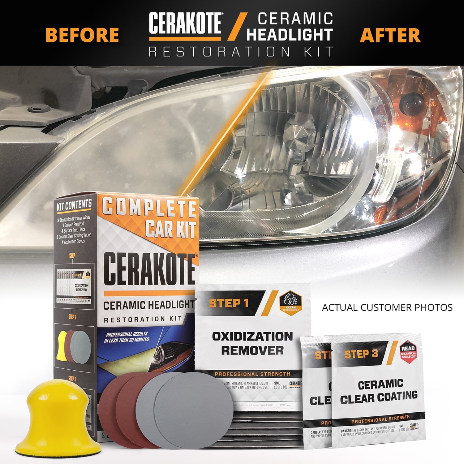 Cerakote Ceramics Headlight Restoration Kit - Last as Long as You Own Your Vehicle - Brings Headlights back to Like New Condition - 3 Easy Steps - No Power Tools Required