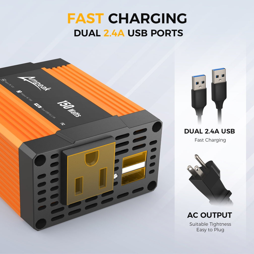 Ampeak 150W Car Power Inverter 11 Safe Protections DC 12V to AC 110V Car Converter 4.8A Dual USB