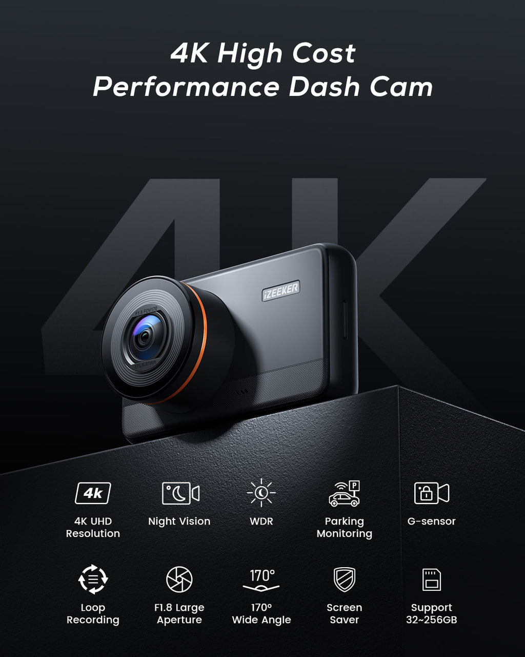 iZEEKER 4K Dash Cam Front with MicroSD Card, 4K 30FPS/1080P 60FPS Dash Camera for Cars, Car Camera with Super Night Vision, WDR, Emergency Recording, Parking Monitoring