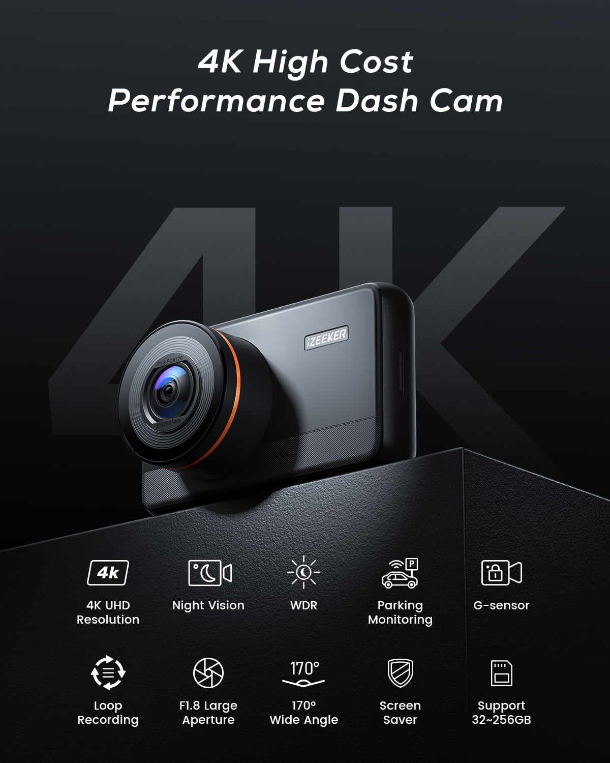 iZEEKER 4K Dash Cam Front with MicroSD Card, 4K 30FPS/1080P 60FPS Dash Camera for Cars, Car Camera with Super Night Vision, WDR, Emergency Recording, Parking Monitoring