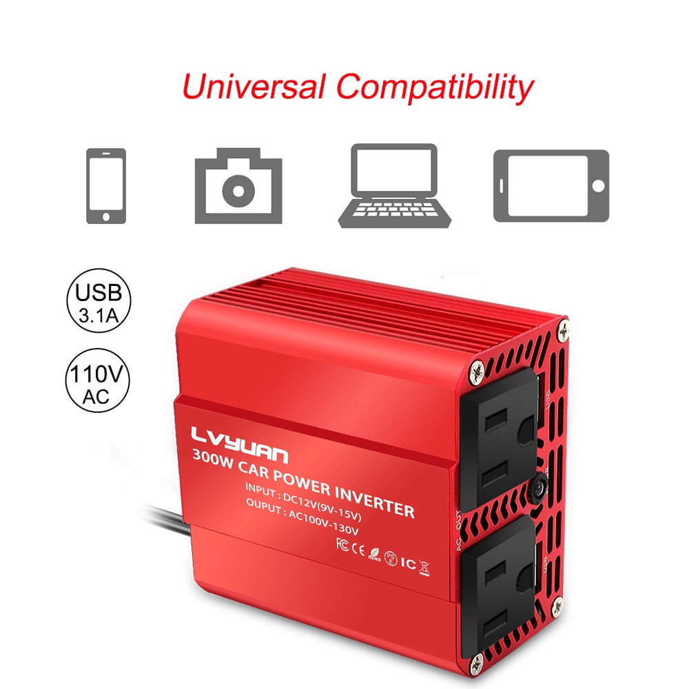 Yinleader 300W DC 12V to AC 110V Power Inverter Car Converter Charge Adapter 2USB 2AC Red