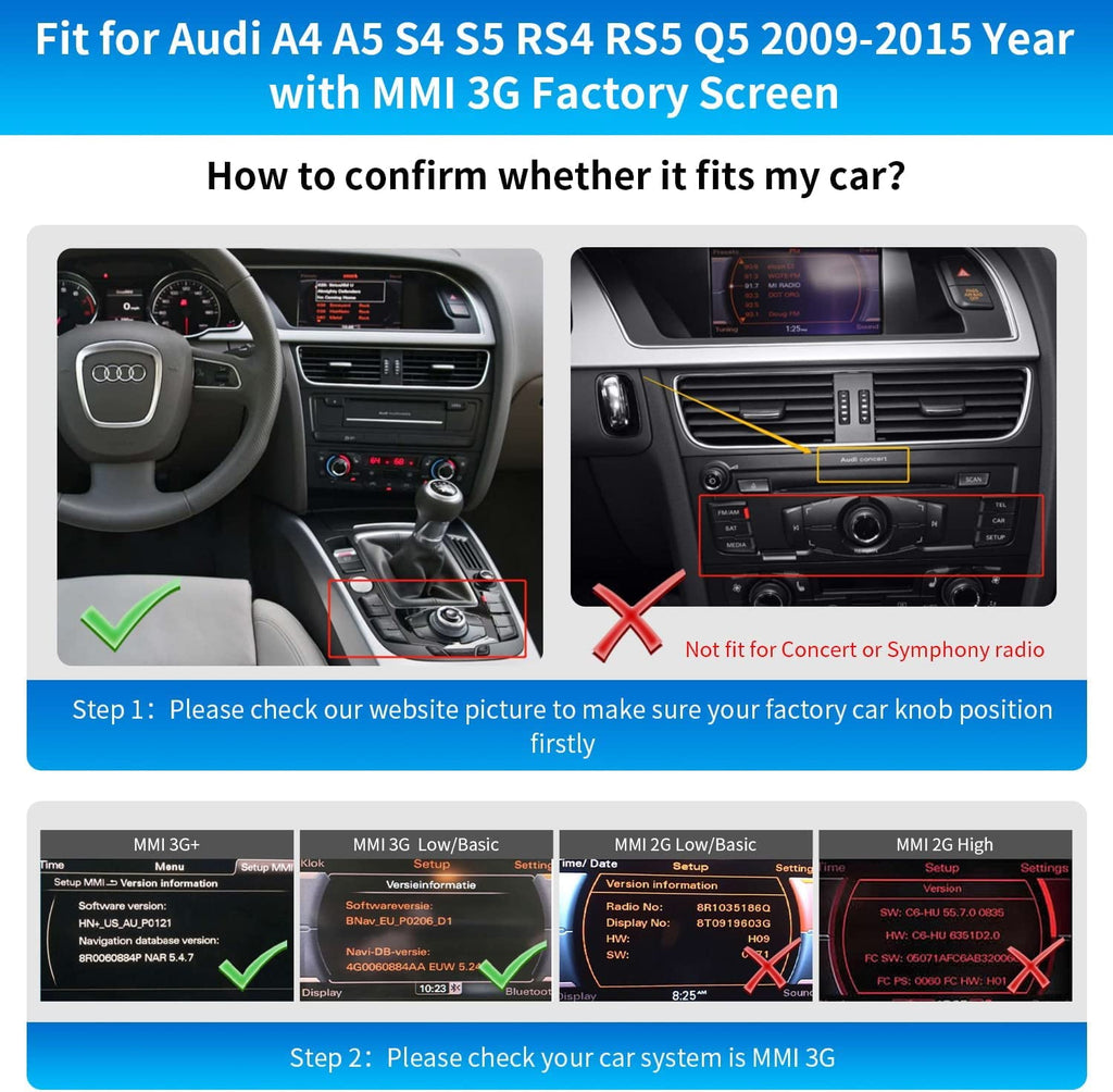 Road Top Wireless Carplay Android Auto Retrofit Kit for Audi A4 A5 S4 S5 RS4 RS5 Q5 2008-2015 with 3GMMI Factory Screen Update, Support Mirrorlink, Siri, Original Control, Camera