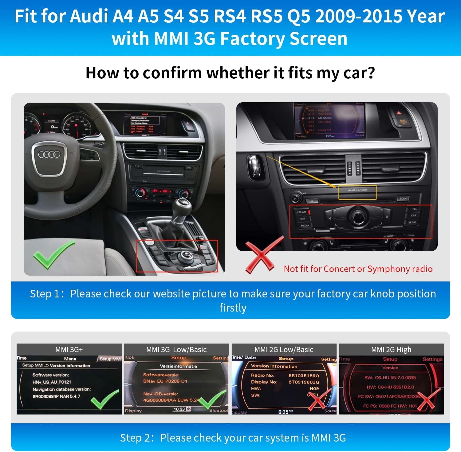 Road Top Wireless Carplay Android Auto Retrofit Kit for Audi A4 A5 S4 S5 RS4 RS5 Q5 2008-2015 with 3GMMI Factory Screen Update, Support Mirrorlink, Siri, Original Control, Camera