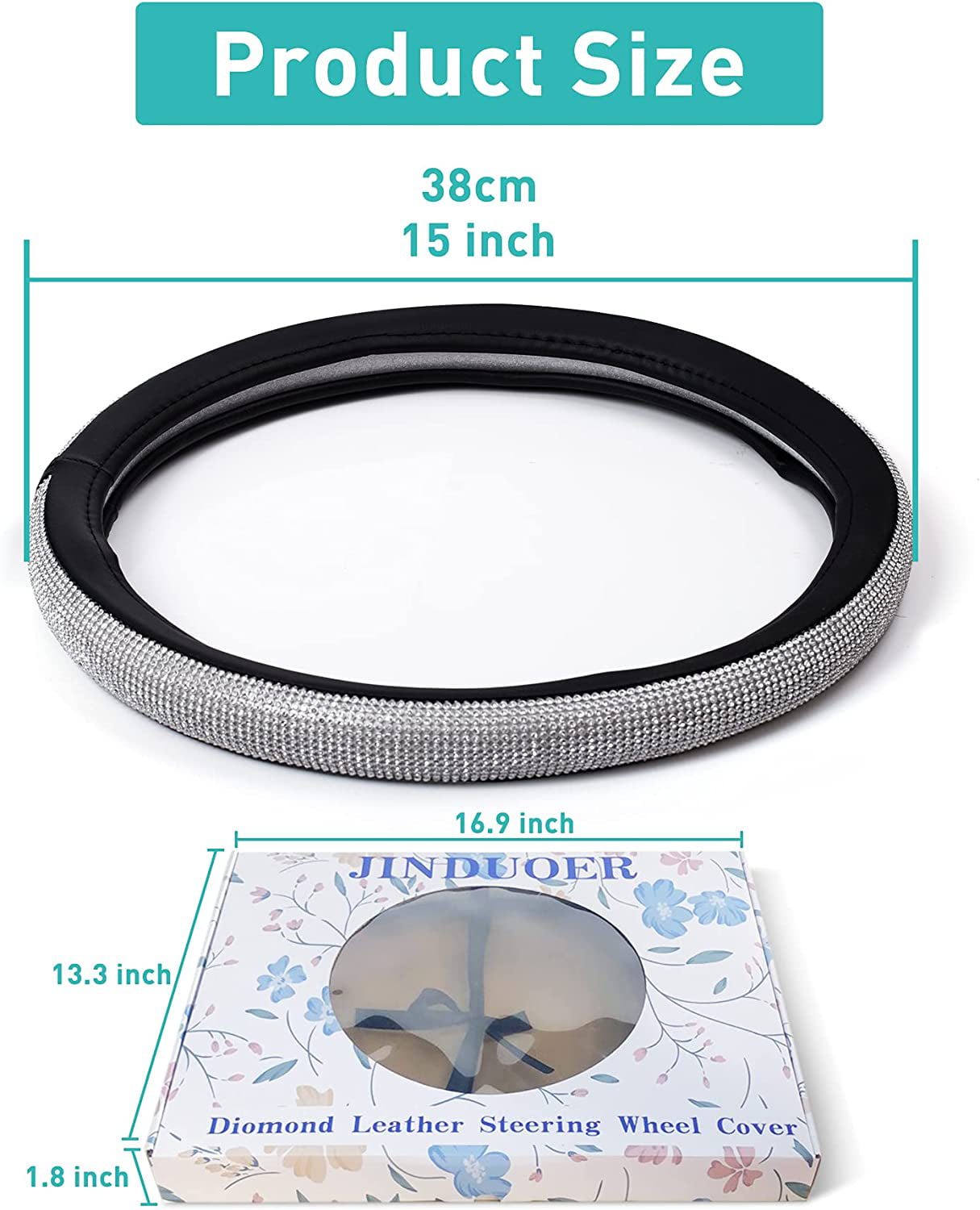Diamond Leather Steering Wheel Cover, Steering Wheel Cover Sparkling Crystal Rhinestones, Bling Car Accessories for Women, Universal Fit 15 Inch