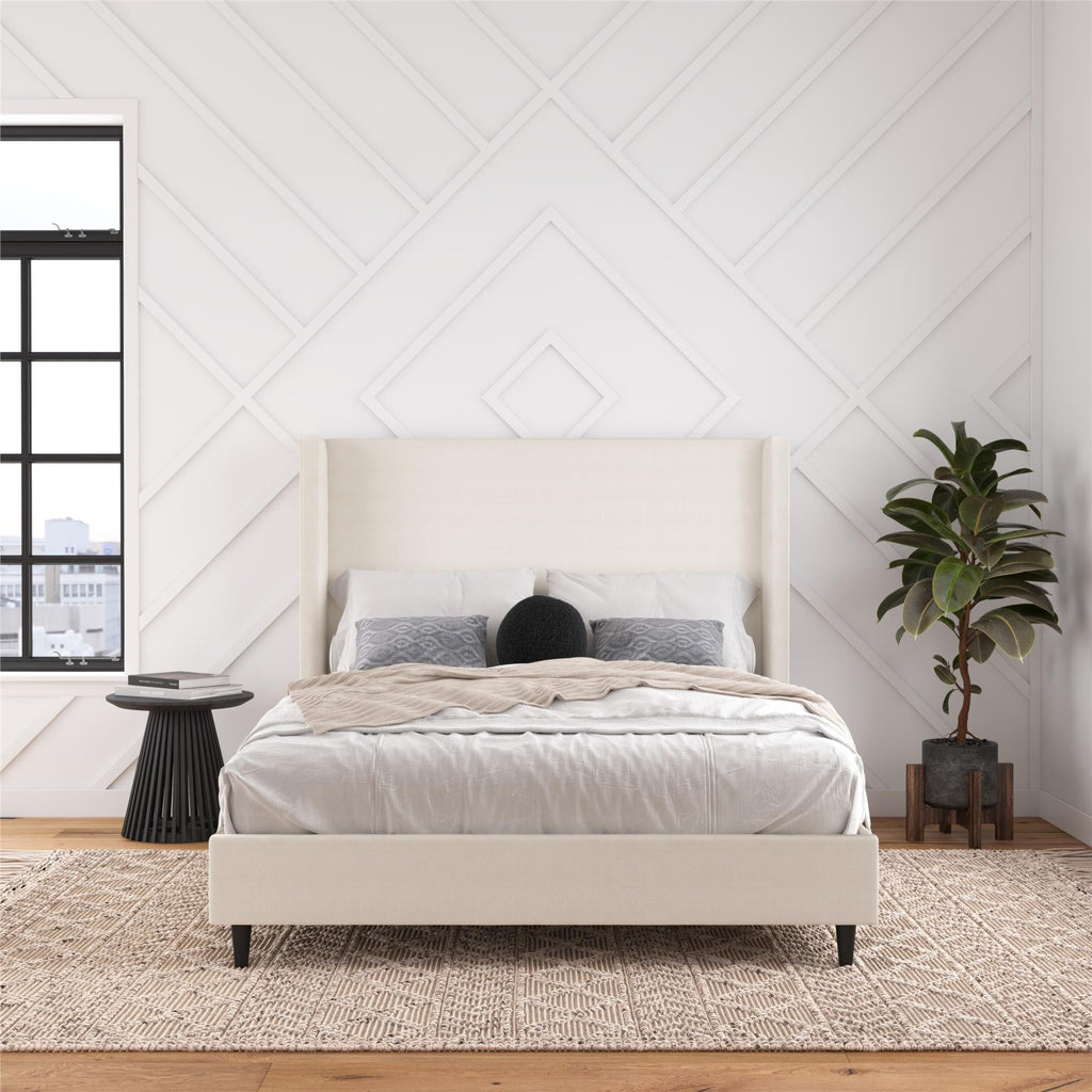 DHP Eveline Upholstered Platform Bed Frame with High Wingback Headboard, Queen, Textured Ivory Canvas
