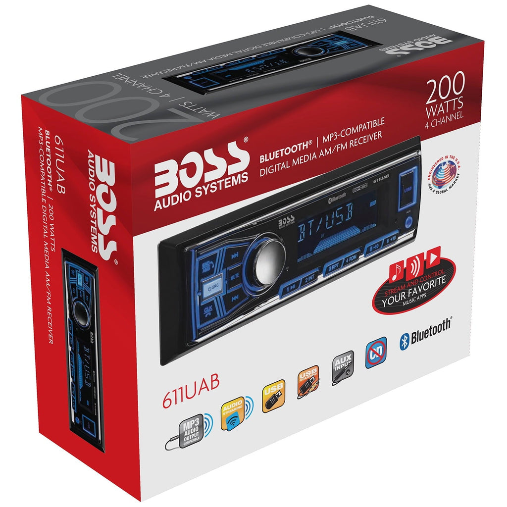 BOSS Audio Systems 611UAB Car Audio Stereo System - Single Din, Bluetooth Audio and Calling Head Unit, Aux Input, USB, Mechless, No CD/DVD Player, AM/FM Radio Receiver, Hook up to Amplifier
