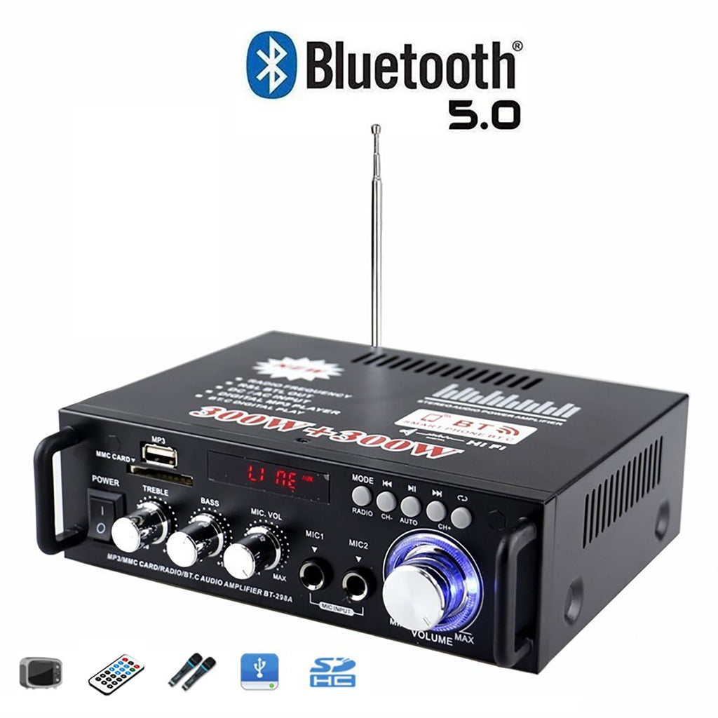 SOONHUA 600W Wireless Bluetooth 5.0 Stereo Audio Amplifier, with Bluetooth LCD Digital Display Stereo Receiver for Home Theater Speakers, Bass & Treble Control, USB/SD/RCA/MIC/FM in, Remote