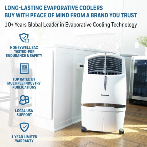 Honeywell 525-729CFM Portable Evaporative Cooler, Fan & Humidifier with Ice Compartment & Remote, CL30XCWW, White