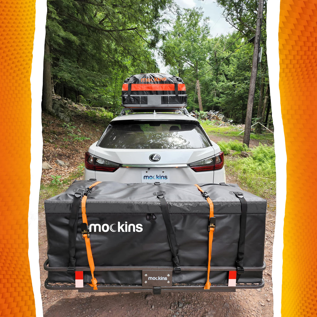 Mockins 60"x20"x6" Car Cargo Carrier Hitch Mount | 500 lbs Cap. Folding Hitch Basket with 16 CF Cargo Bag