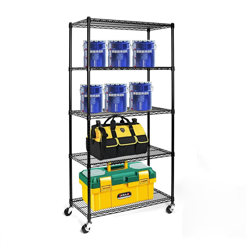 Ktaxon Commercial 5 Tier Shelf Adjustable Wire Metal Shelving Rack w/Rolling Black, 35''L x 18''W x 71''H, Capacity for 750 lbs