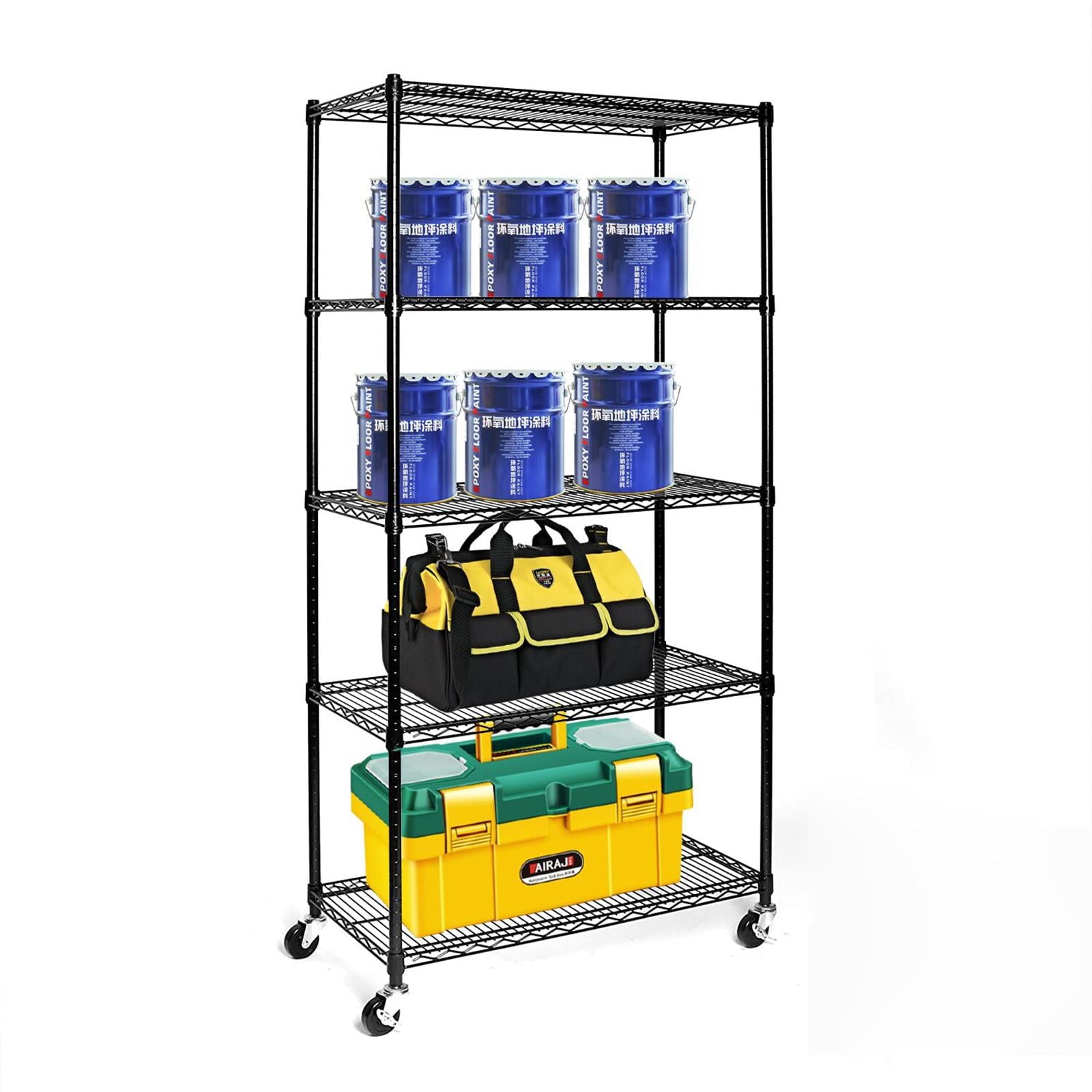 Ktaxon Commercial 5 Tier Shelf Adjustable Wire Metal Shelving Rack w/Rolling Black, 35''L x 18''W x 71''H, Capacity for 750 lbs