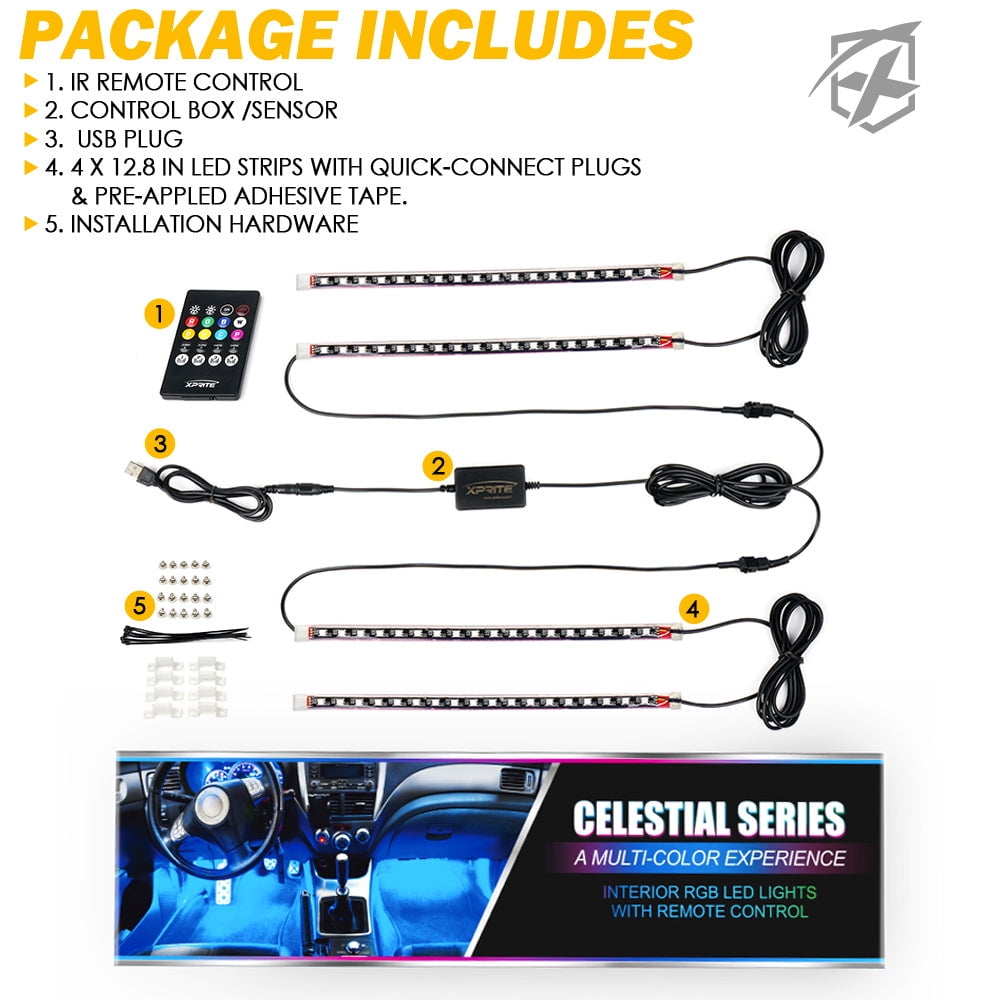 Xprite 4PC Celestial Series Bluetooth and Remote Control RGB LED Interior Car Light Set - Powered by USB