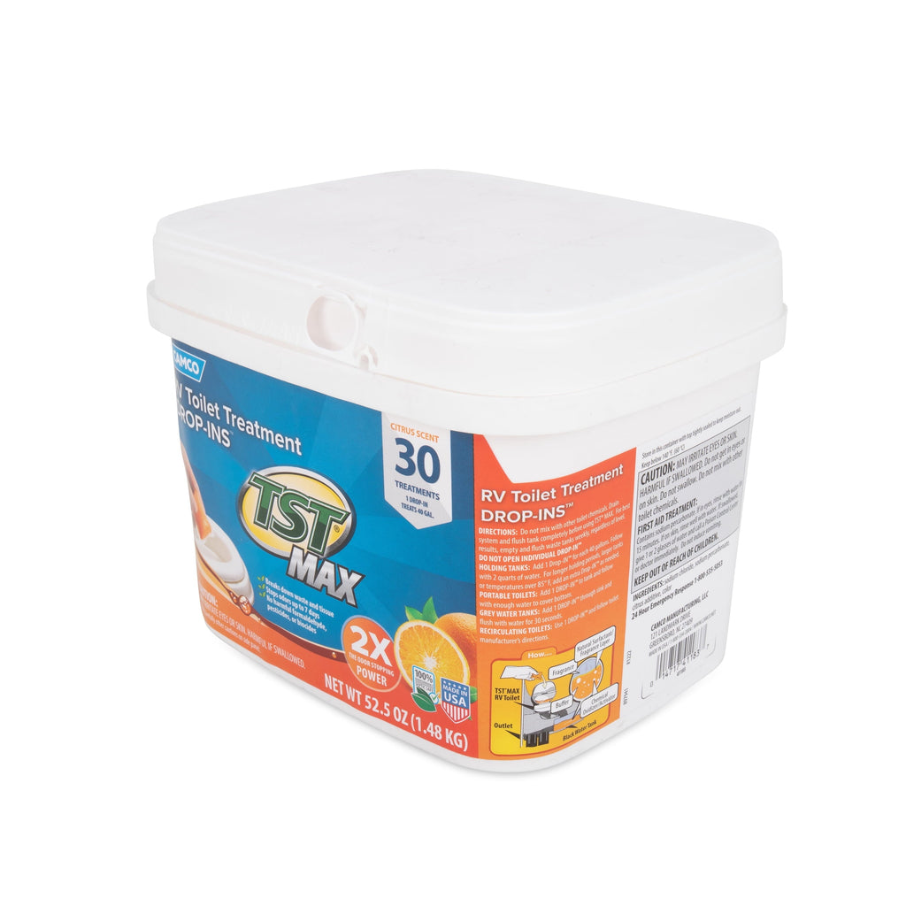 Camco TST MAX Camper/RV Toilet Treatment Drop-INs | Control Unwanted Odors and Break Down Waste and Tissue | Safe Septic Tank Treatment | Orange Scent | 30-Pack (41183)