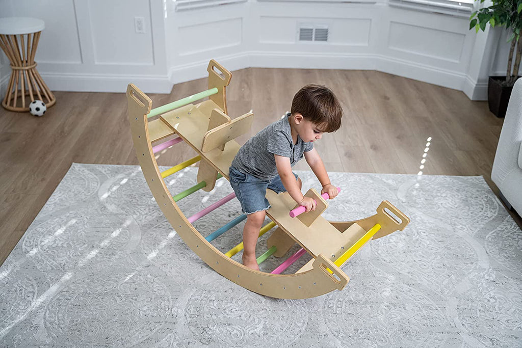 Avenlur BAILIS Seesaw Rocker Climber Arch with Handles and Built in Seat for Toddlers - Montessori Waldorf Style Wooden Colorful Rainbow Arch Climbing Play Structure for Kids (Colored Bars)