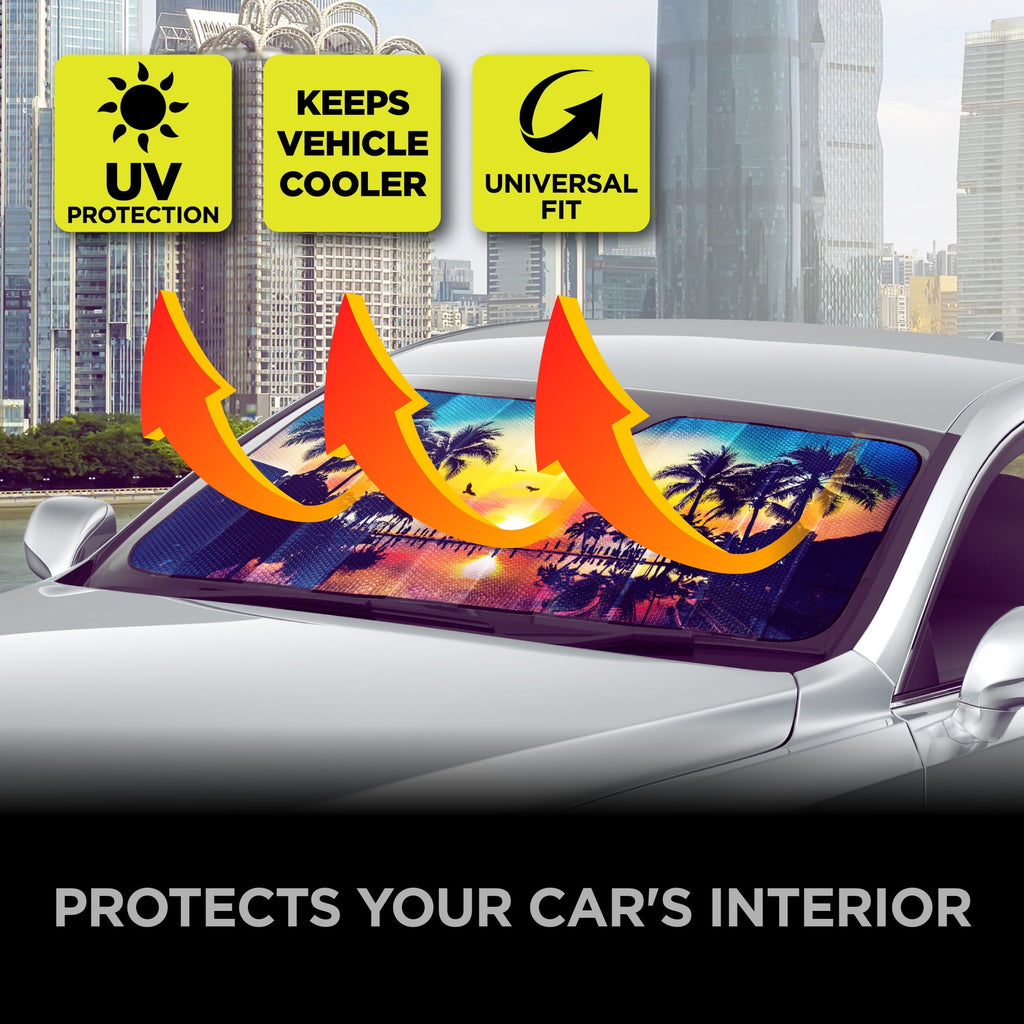 Auto Drive Tropical Windshield Accordion Sunshade for Models Sedan SUV Hatchback Liftback etc, 63'' x 28.5''