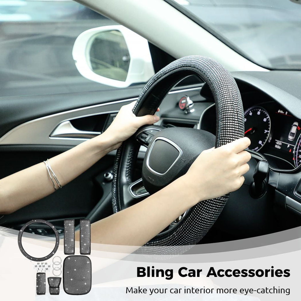 Bling Crystal Diamond Steering Wheel Cover, 11Pcs Shiny Rhinestone Sparkling Car Interior Decorations, Car Accessories for Women Girls, Universal Fit 14-15inch