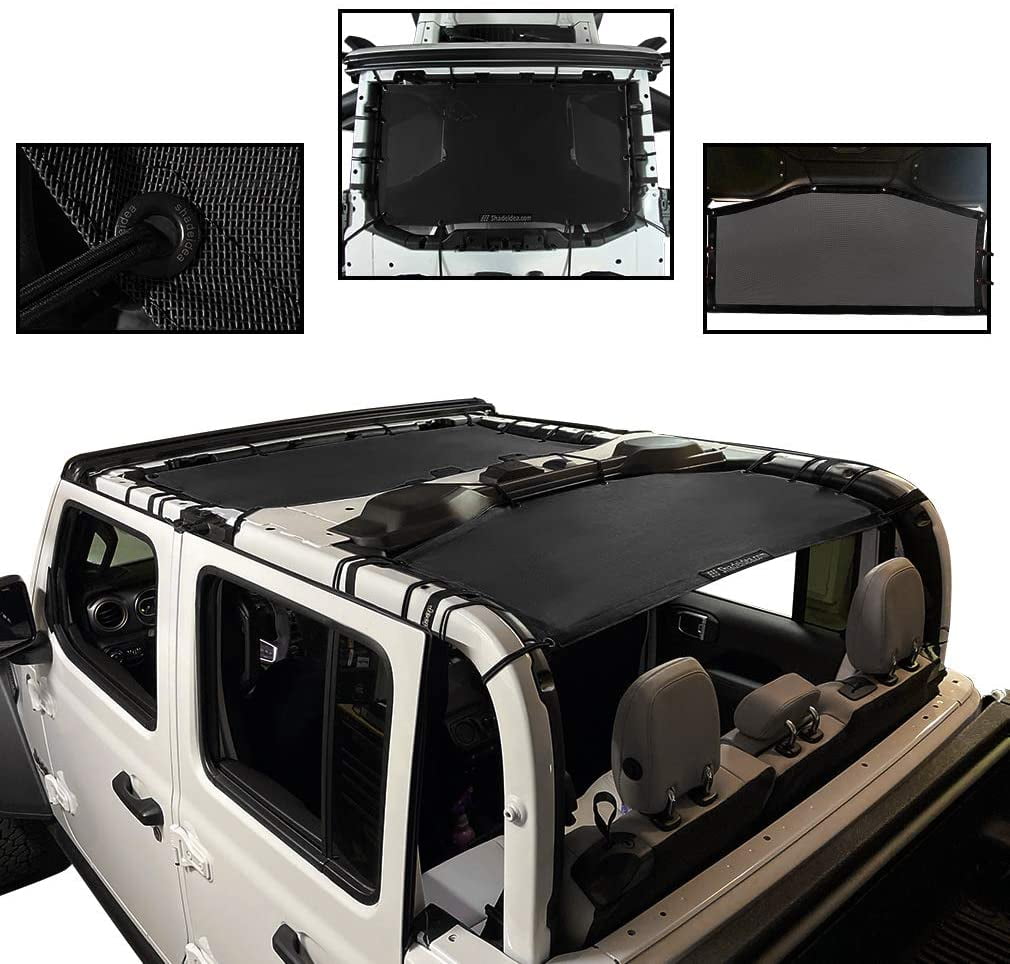 Shadeidea Jeep Gladiator Sun Shade JT 4 Door Top Sunshade, Front & Rear (2-Pieces) - Black Mesh Screen Wrangler Cover, UV Blocker with Grab Bag Pouch (2018 - Current) - 10 Years Lasting