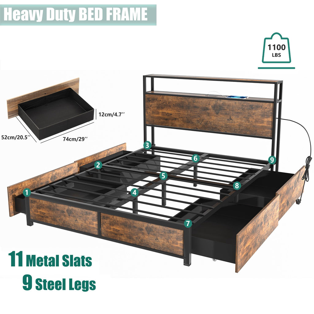 Full LED Bed Frame with Storage Headboard + 4 Drawers + Power Station, Industrial Metal Platform Bed, No Need Spring Box(Tan-Full)