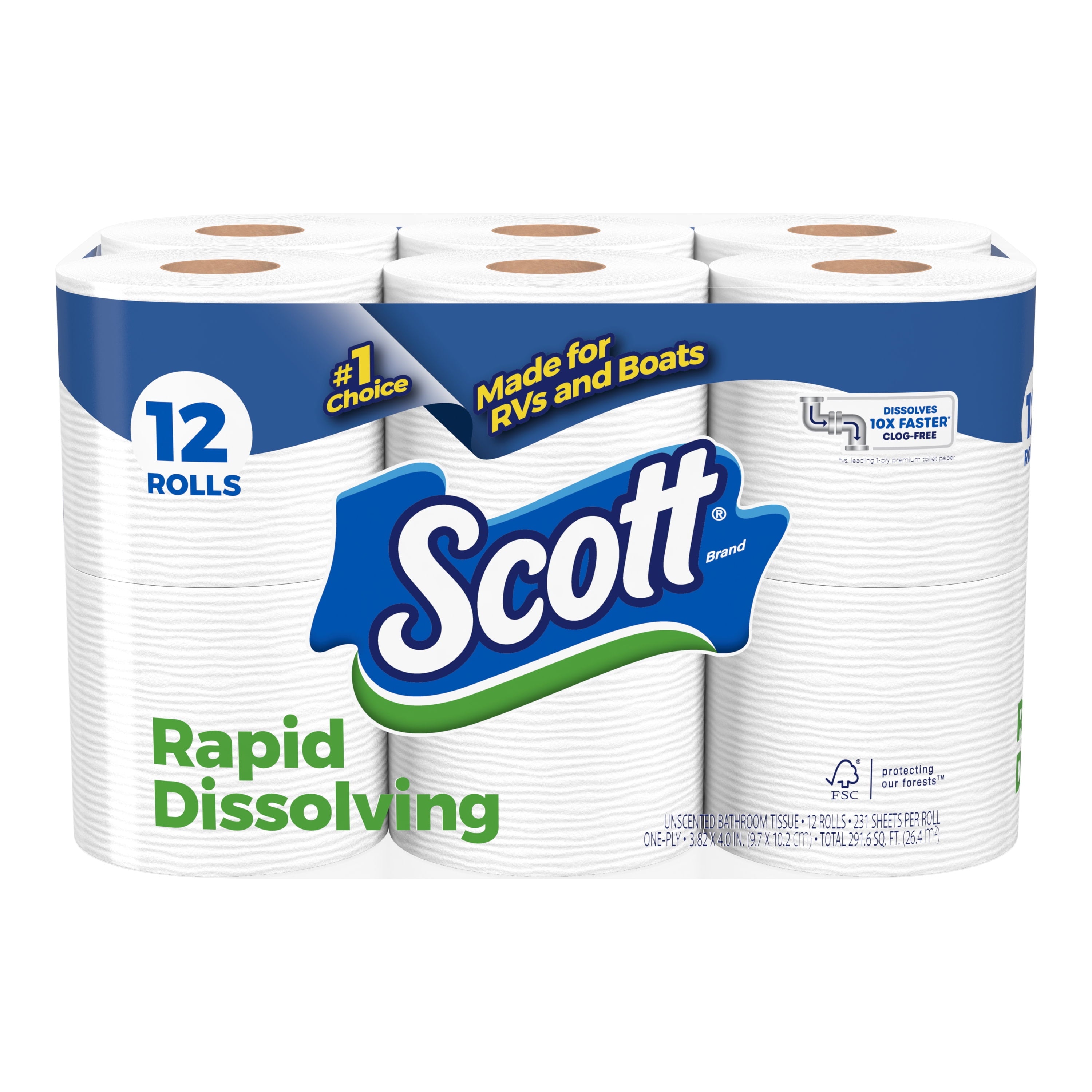 Scott Rapid-Dissolving Toilet Paper, 12 Double Rolls, 231 Sheets Per Roll (2772 Total)