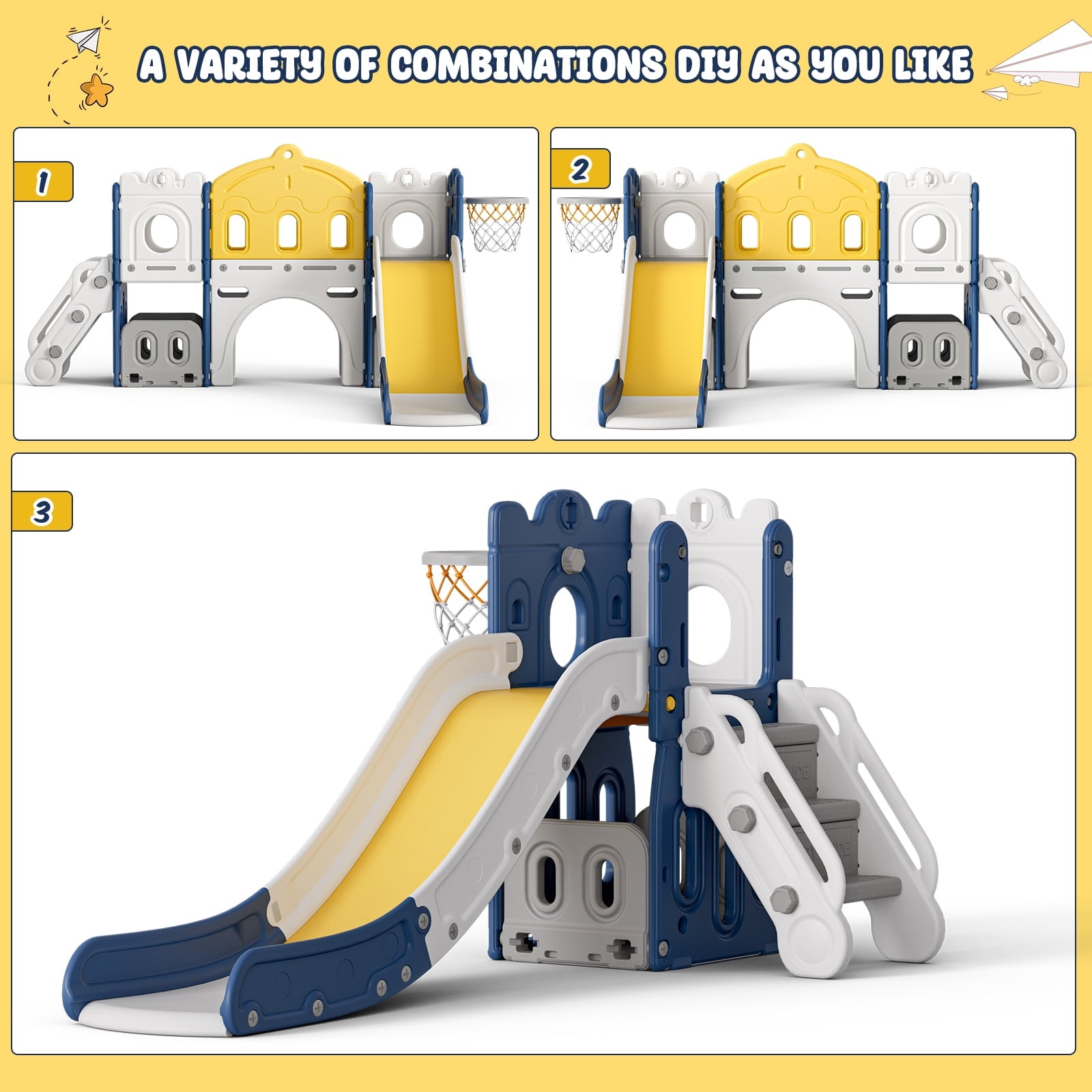 GIKPAL 7 in 1 Toddler Slide Set, Kids Slide for Toddlers Age 1+, Toddler Climber Slide Play Set With Basketball Hoop and Ball, Outdoor Indoor Playground for Toddlers 1-3