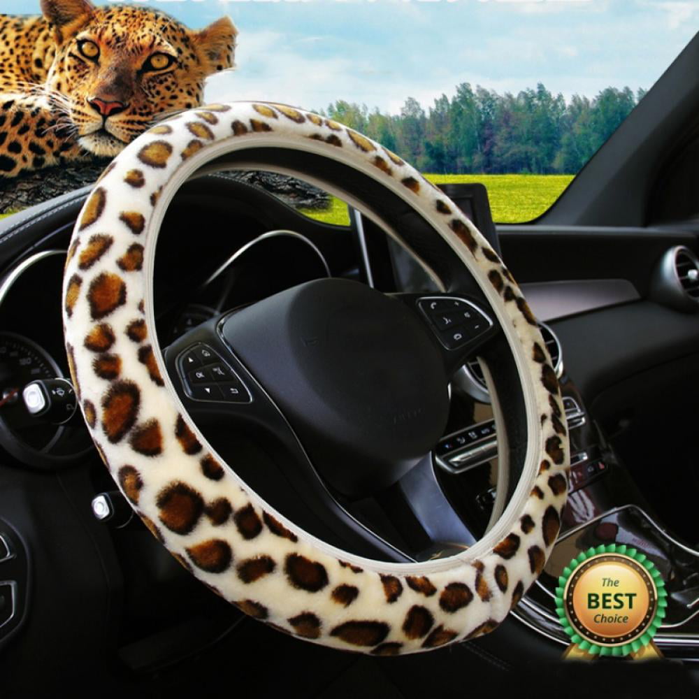Universal 15" Auto Car Steering Wheel Cover Leopard Print Plush Elastic Section Steering Wheel Cover Velvet Fluffy Comfy Universal 15 Inches Car Wheel Protector for Women Girls
