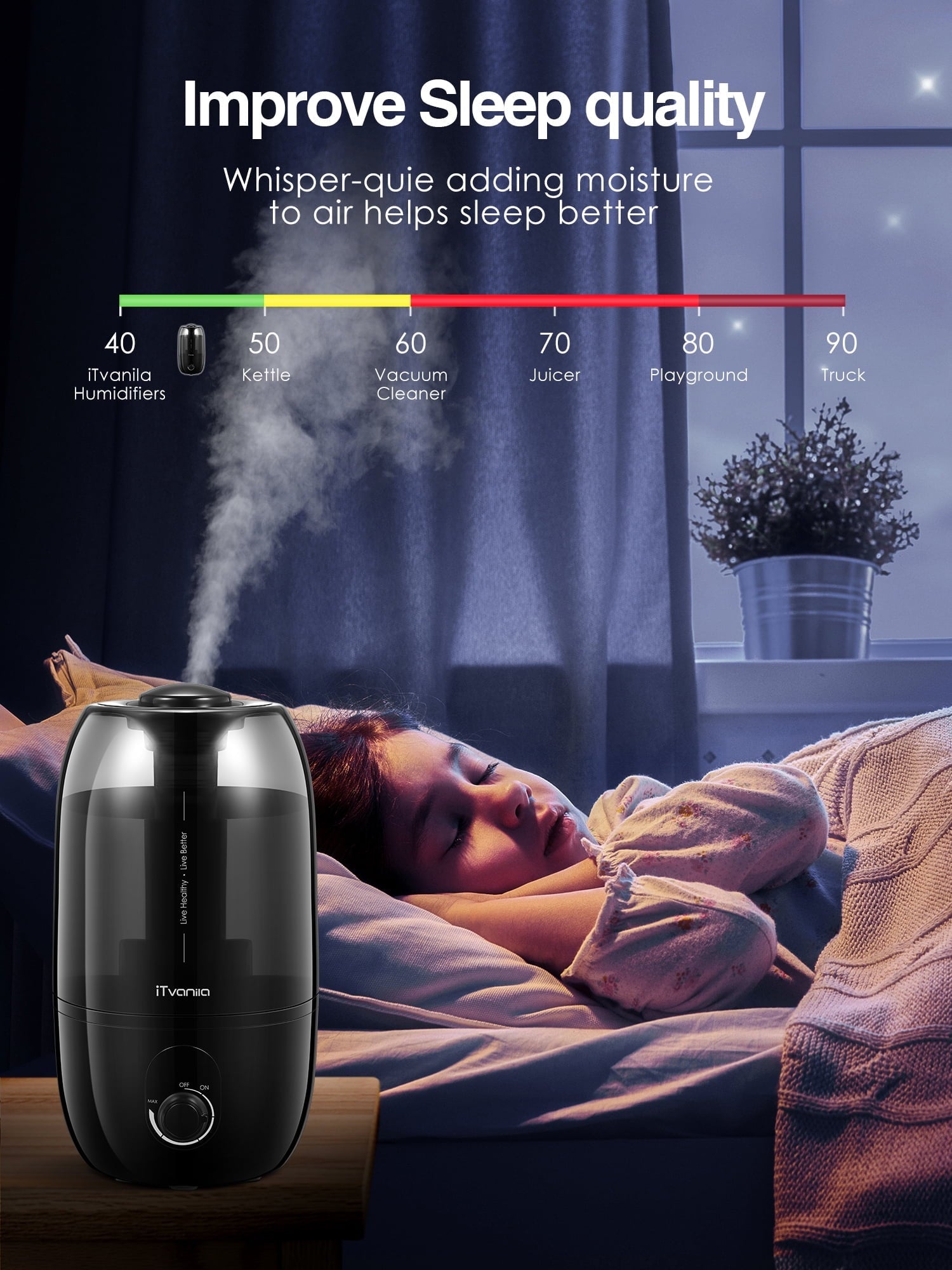 Cool Mist Humidifiers, 2.7L Humidifier for Home and Baby Room, 28H Quiet Output Bedroom Humidifier with 360° Rotating Nozzle, Black